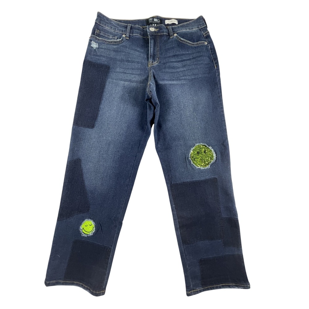 OGO Jeans Women 6P Blue SmileyWorld Boyfriend Patchwork Sequin Smiley Face Denim